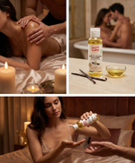 Massage des épaules à la bougie, flacon d'huile de massage Vanille près d'un bain et huile versée dans la main
